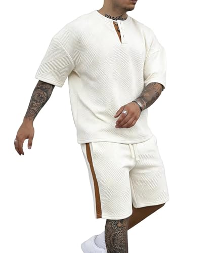 Image of Remxi Mens 2 Piece Tracksuit Set Jacquard Henley Shirt Short Sets Casual Jogging Suits Summer Matching Sets white XL