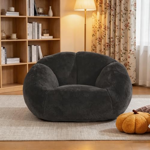 LVHOM 3.28 Feet Bean Bag Chair for Adults, Shell-Shaped Bean Bag Lazy Couch, Faux Fur Cloud Sofa Chair, Lounge Floor Sofa with Filler for Reading, Gaming & Watching, No Assembly Required (Black)