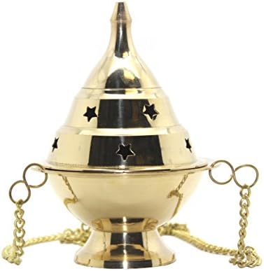 Govinda - Brass Hanging Censer or Charcoal Incense Burner with Chain - 5 Inch High