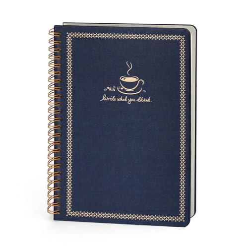 WETLOTE Spiral-Notizbuch A5 Liniert, 160 Seiten, 80 g/m² – Stoffeinband mit Goldfarbenem Kaffeetasse Druck für Schule, Büro & Reisen