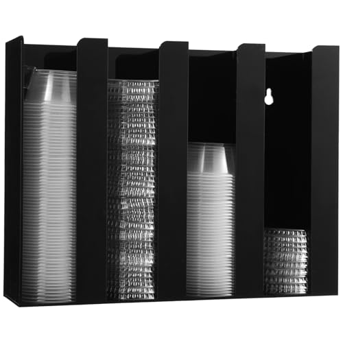 OMISTAR Portion Cup and Lid Organizer, 4-Compartment Black Acrylic Dispenser, Wall Mount/Countertop, Restaurant Coffee Tea Condiment Supplies, 13 x 10 x 3.25 in