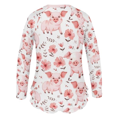 Cute Pig Animal Girls Long Sleeve Swimsuit Rash Guard One Piece Bathing Suits Zipper 3-12T3