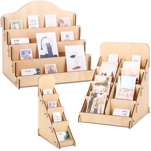 Wonderjune 3 Pcs 4 Tiered Greeting Card Display Stand Sticker Display Stand for Vendors Wooden Collector Card Rack Wood Holder for Postcard Photos Bookmark Trade Shows Retail Counter, 3 Sizes(Brown)