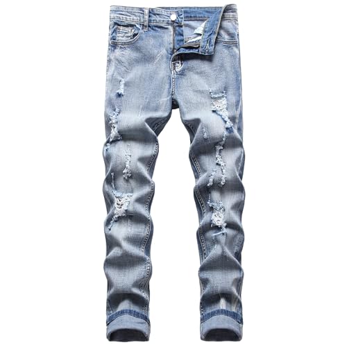 Herren Slim Fit Stretch Jeans Zerrissene Röhrenjeans für Männer, Distressed Destroyed Regular Straight Leg Fashion Comfort Flex Waist Jeanshose, Teenager Lässige Mode Skinny Designer Denim Hose