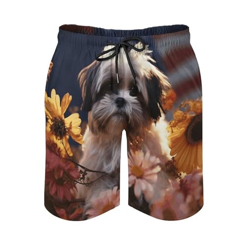 Mens Shorts Shih Tzu Dog and Flowers Men Swim Trunks Quick-Dry Beach Shorts with Drawstring Pocket Bathing Suit4