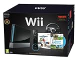 Nintendo Wii Console (Black) with Wii Sports + Mario Kart and Black Wii Wheel + Motion Plus Controller (Wii)