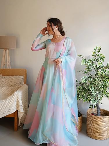 Image of KEDARFAB Women's Stylish Abstract Print Georgette Anarkali Gown, Kurta with Dupatta, XL Sky Blue
