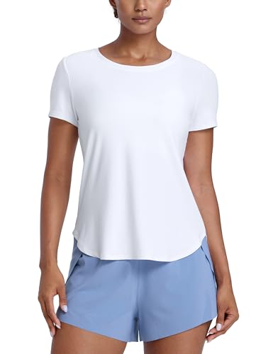CRZ YOGA Cloudweight Workout Tops for Women Lightweight Athletic Short Sleeve Shirts Gym Running Side Slit T-Shirts White Small