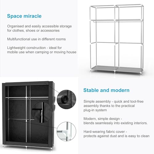 INTIRILIFE Faltschrank 108x170x45 cm in Raben SCHWARZ - Stoffkleiderschrank mit Reißverschluss und Kleiderstange, Seitentasche und Fächern - Steckregal, Metallrahmen, Aufbewahrung