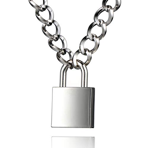 DIBOLA Padlock Necklace Stainless Steel Lock Chain for Men Women Silver 18 inch