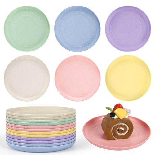 BGHEOUYV 6 Inch Wheat Straw Plates 12 Pack Small Plates Lightweight Unbreakable Plastic Dinner Plates for Kids Adult Dinner Camping Salad Dessert