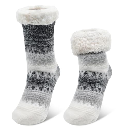 Cyiecw Chaussettes Douillettes Femme 36-42, Chaussettes Antidérapantes D'hiver Thermo Stoppers avec ABS, Chaussons Chaussette Femme épaisses Chaudes et Moelleuses Cadeaux de Noël (Grey)