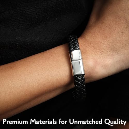 HALUKAKAH Men's Leather Bracelet Solo Double Braided in Striking Black Brown with Stylish Titanium Magnetic Clasp - Length 8.46" (21.5cm) - Comes with a Giftbox