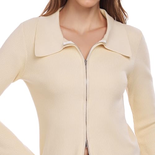 Image of Beige Sweater Long Sleeve Cute Ribbed Knit Jacket Sweaters V Neck Sexy Sweaters Pullover Zip Collared Tops Weekend Holiday BeigeS