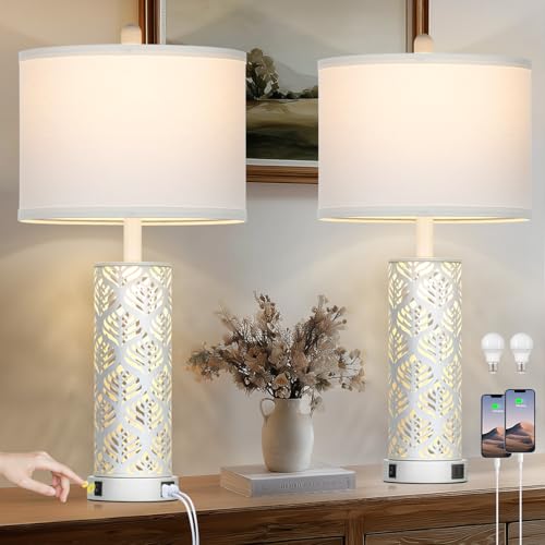 Cinkeda Set of 2 Rustic Table Lamps for Living Room Bedroom, Vintage Farmhouse Nightstand Lamp with 2 USB Ports, Hollow Out Metel Lamp for End Table with Nightlight (White)