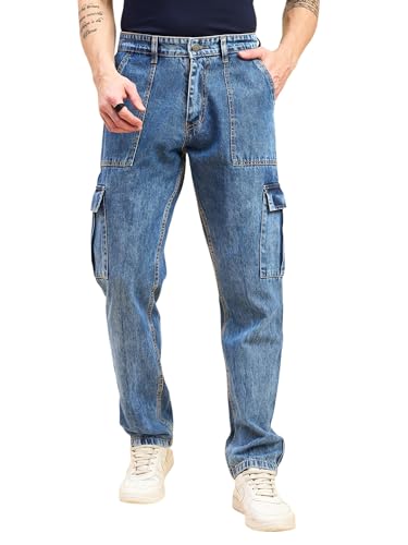 Image of STUDIO NEXX Men's Loose Fit Cargo Jeans | Non Stretchable | Cargo Denim for Men | Loose fit Cargos | Utility Pockets