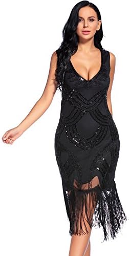 Women's 1920s Gatsby Dress V Neck Sequin Beads Cocktail Flapper Dress (XL,Black)
