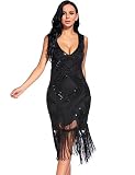 Women's 1920s Gatsby Dress V Neck Sequin Beads Cocktail Flapper Dress (XL,Black)