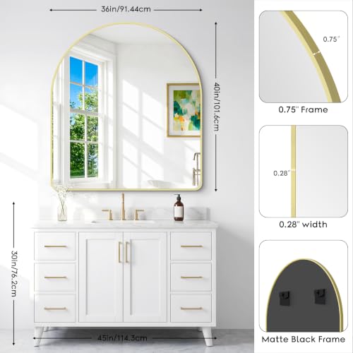 Image of BONEWEI Arched Wall Mirror,36x40 inch Gold Arched Mirror Bathroom,Vanity Mirror for Over Sink Metal Frame,Tempered Glass Arch Mirrors for Bedroom,Entryway,Living Room,Home Decor Shatter-Proof