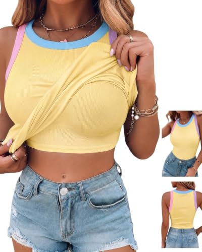 Image of CHICME Womens Sleeveless Ribbed Built in Bra Tank Tops | Color-Block, Crewneck Padded Racerback Shirts, Slim Fit, High Stretch Fabric, Casual Basic Tank for Going Out & Layering