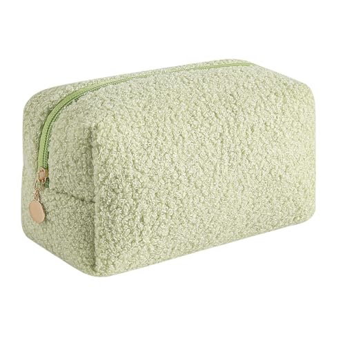 JOVAKIT Travel Makeup Bag Cosmetic Bag for Women, Fashion Christmas Gifts, Plush Zipper Make Up Pouch, Large Capacity Toiletry Organizer Makeup, Portable Storage Bag Trendy Stuff (Khaki)