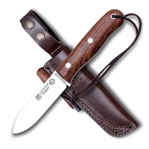 Joker Trampero CN113-P BS9 Sports Hunting and Mountaineering Knife 3.94 inches Blade Sheath includes Tool for Fishing Hunting Camping and Hiking (Walnut Wood Leather Sheath + FireStarter)