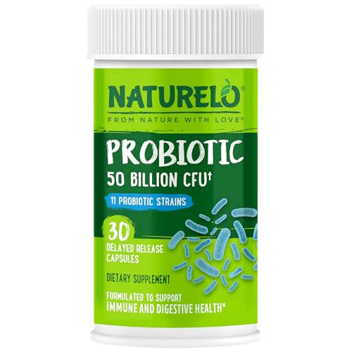 NATURELO Probiotic Supplement - 50 Billion CFU - 11 Strains - One Daily - Helps Support Digestive & Immune Health - Delayed Release - No Refrigeration Needed - 30 Vegan Capsules