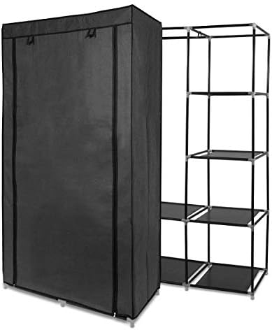 Navaris Canvas Effect Wardrobe - Foldable Storage Cupboard for Clothes 88 x 170 x 45 cm - Comes with 5 Shelves, Rail, Metal Frame and Cover - Grey