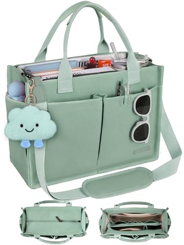 BESBESME Bolsa de lona feminina com zíper e compartimentos – Bolsa tiracolo grande para laptop para trabalho e faculdade, Verde, Medium, Tendência