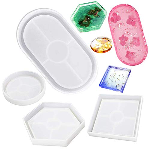 Set von 4 Untersetzer-Silikon-Formen für Harzguss, DIY Handwerk Tablett Formen für Aschenbecher, Schmuckkasten, Blumentopf, Becher, Schale, Matte, Epoxidharz, Beton, Zement, rund, sechseckig Cover