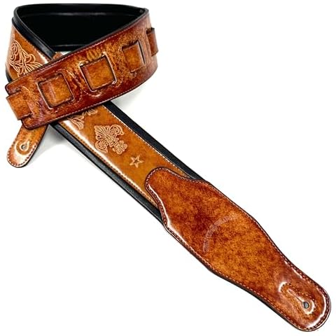Walker And Williams GB-23 Handmade Vintage Finish Latigo Tan Padded Guitar Strap with Fleur De Lis & French Chain Design For Acoustic, Electric, And Bass Guitars Cover