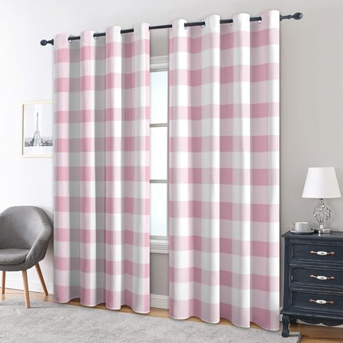 Checkered Plaid Blackout Curtains, 90 Drop, Pink and White Gingham Printed Curtains for Living Room, Bedroom, Eyelet Drapes for Window Home Decor, 66x90 Inch 2 Panels l5ax1-133