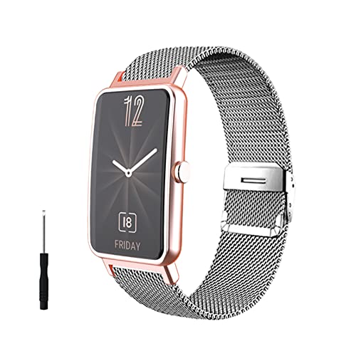 HYKEJI Pulseira de aço inoxidável milanês de prata de 16 mm para Huawei Watch Fit Mini, design respirável e resistente ao desgaste