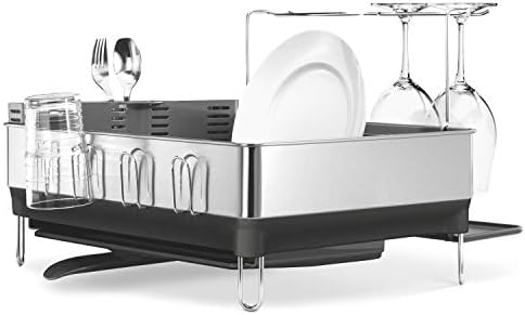 simplehuman Steel Frame Kitchen Dish Drying Rack With Swivel Spout, Fingerprint-Proof Stainless Steel Frame, Grey Plastic, 2020 Model