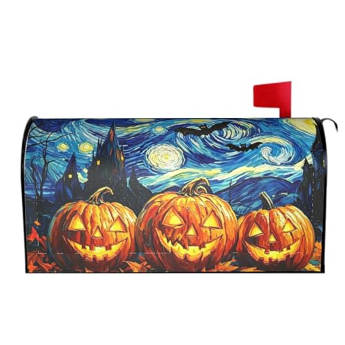 Image of Halloween Pumpkin Starry Night Mailbox Cover Magnetic 21x18 Inch | Fall Autumn Spooky Castle Bats Horror Mailbox Wrap Post Cover Standard Size for Garden Yard Outdoor Outside Holiday Decor