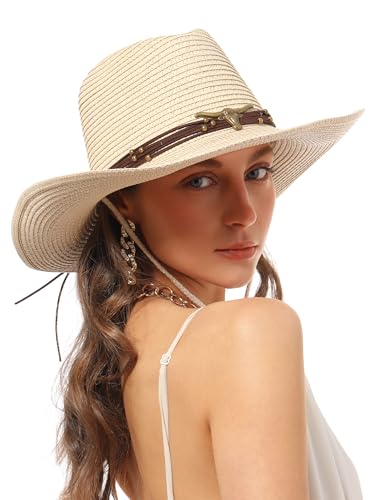Image of Straw Cowboy Sun Hat Western Cowgirl Women Men with Windproof Chin Strap