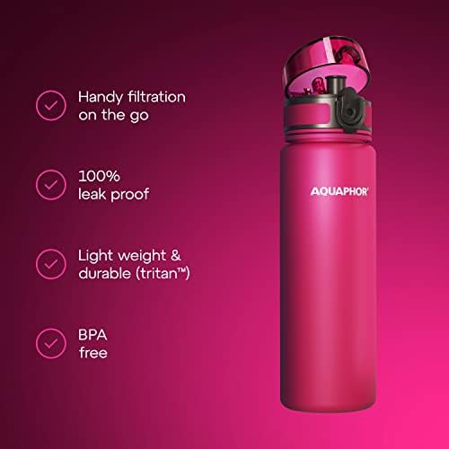 AQUAPHOR City Bottle 500ml Pink I Bottle with water filter for travel I Filter with activated carbon I Filters chlorine & impurities I Made of Tritan & BPA-free