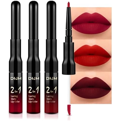 evpct 3Pcs Ruby Bright Dark Deep Red Lip Stain Lipstick with Lip Liner, Burgundy Red Matte Lip Liner and Liquid Lipstick Set for Women Long Lasting Waterproof 24, 24 Hours Lip Sitck Paint