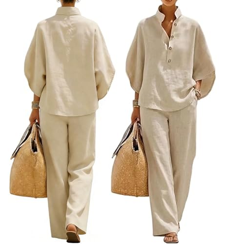 cetzork Womens Linen Two Piece Set Batwing Sleeve Shirt Wide