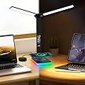 LED Desk Lamp with Wireless Charger, USB Charging Port, Dual Swing Arm Desk Light with 5 Brightness, 3 Colors, Table Lamp with Clock, Alarm, Date, Temperature, Desk Lamp for Home Office Study (Black)