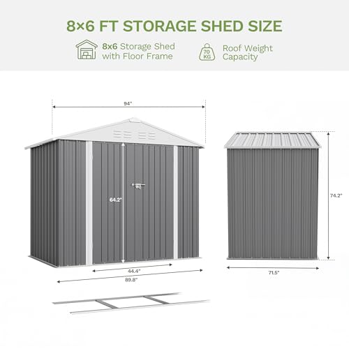 Image of Devoko 8 x 6 FT Storage Sheds with Floor Frame, Waterproof Garden Tool Shed with Lockable Door, Outdoor Metal Utility Shed for Backyard Patio Lawn, Gray