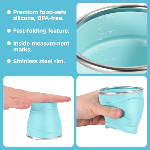 Bidponds 260ml Faltbarer Silikonbecher mit Deckel, BPA-frei, 304 Edelstahlrand, tragbarer Becher für Reisen, Camping, Wandern, Outdoor-Sportarten (Hellviolett)