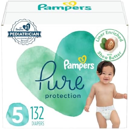 Pampers Baby Diapers – Pure Protection – Size 5, 132 Count, for up to 100% Leakproof, Premium Plant-based Skin Protection