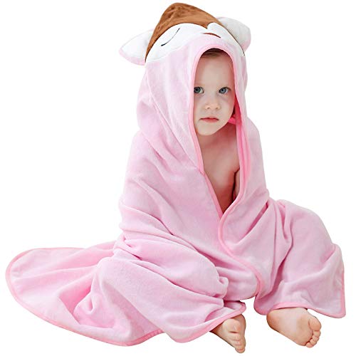 MICHLEY Asciugamano da bagno unisex con cappuccio, per bambini, in morbido cotone, per spiaggia e nuoto, per bambini da 0 a 6 anni, volpe rosa