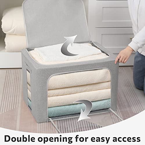 Image of FHSQX 2 Pack Clear Window Storage Bins - Large Stackable Linen Fabric Storage for Clothes Foldable Container Organizer Set with Carrying Handles (Light Gray, 23.6x 16.5x 15.7 Inch)