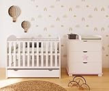 Star Babyzimmer Set Weiß 2in1 Babybett 120x60 mit Schublade Umbaubar zum Juniorbett + Wickelkommode mit Wickelaufsatz Skandinavisches Design Star Rosa