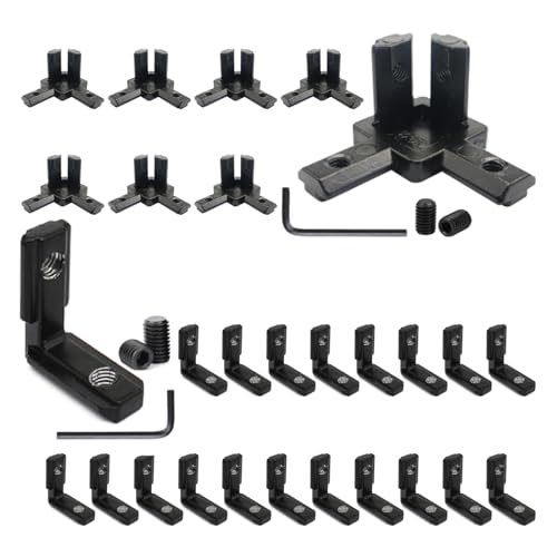 Image of 20Pcs 2020 Aluminum Extrusion Profiles Black L Interior Corner Bracket with Screws Hardware, 8Pcs 20 Series 3-Way Tri End Brackets for 2020 2040 V Slot Extruded Aluminum Accessories