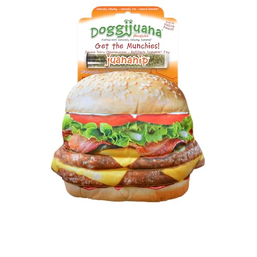 Image of Doggijuana Tuffer Chewer Dog Toy, Cheeseburger | Squeaky Refillable Toy | Squeaky plush dog toy with calming Juananip catnip inside; eases anxiety, stress & boredom; durable interactive chew toy