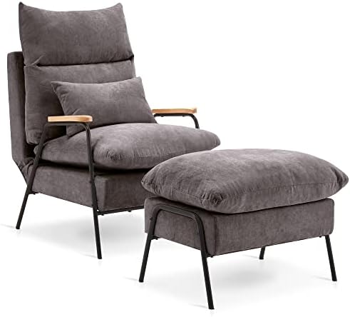 MCombo Modern Accent Recliner with Ottoman, Linen Fabric Armchair with Adjustable Backrest, Single Sofa Chair for Living Room Bedroom 4055 (Dark Grey)