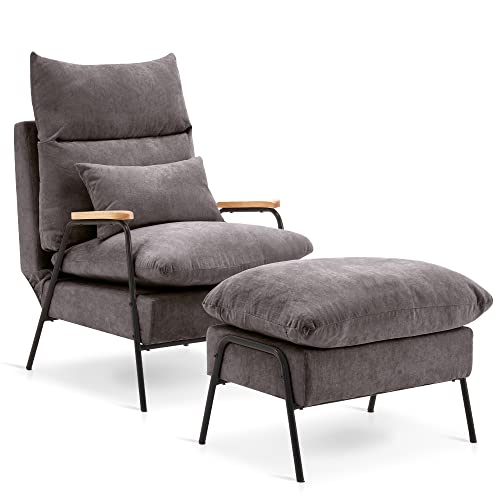 Mcombo Modern Accent Recliner With Ottoman, Linen Fabric Armchair With Adjustable Backrest, Single Sofa Chair For Living Room Bedroom 4055 (Dark Grey) #TOP7